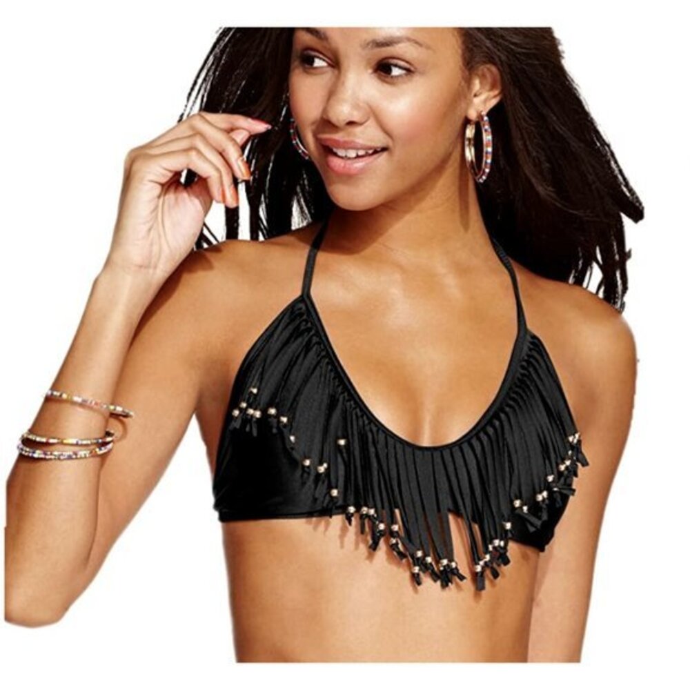 Raisins Black Beaded Fringe Halter Bikini Top